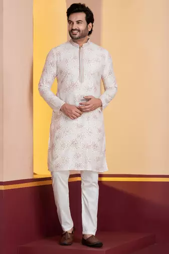 white silk blend kurta pyjama set for men with printed work