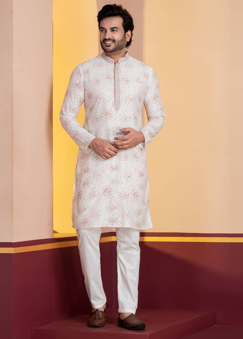 white silk blend kurta pyjama set for men with printed work