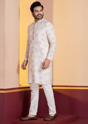 white silk blend kurta pyjama set for men with printed work 3