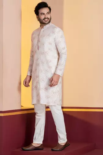 white silk blend kurta pyjama set for men with printed work