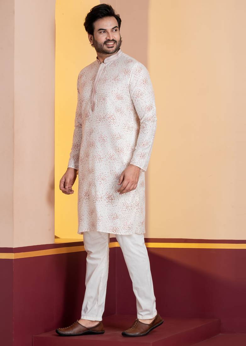 white silk blend kurta pyjama set for men with printed work