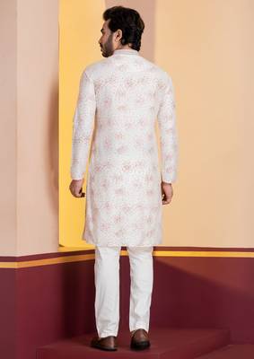 white silk blend kurta pyjama set for men with printed work 4