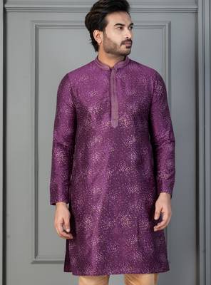 purple silk blend kurta for men with printed work 1