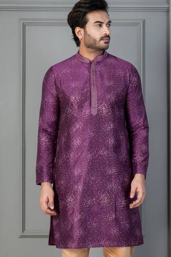 purple silk blend kurta for men with printed work