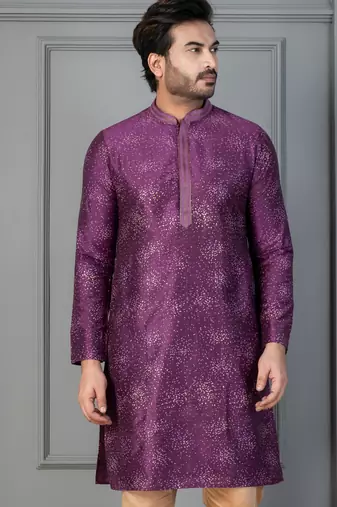 purple silk blend kurta for men with printed work