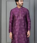 purple silk blend kurta for men with printed work