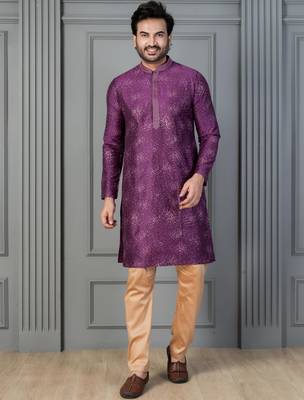 purple silk blend kurta for men with printed work 2