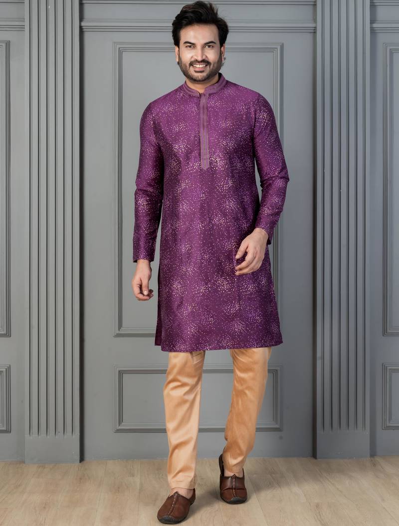 purple silk blend kurta for men with printed work