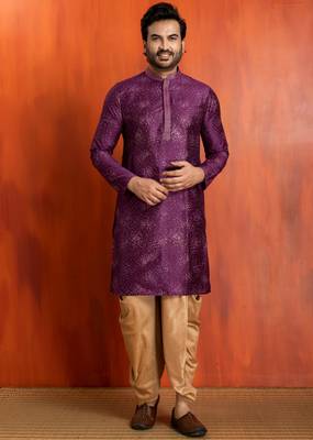 purple silk blend kurta for men with printed work 1