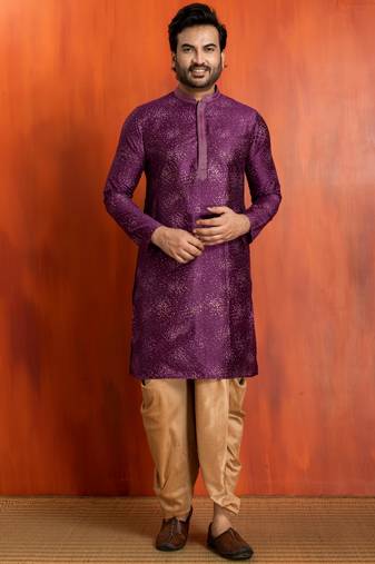 purple silk blend kurta for men with printed work