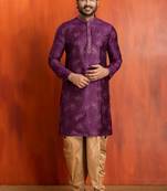 purple silk blend kurta for men with printed work