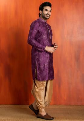 purple silk blend kurta for men with printed work 2