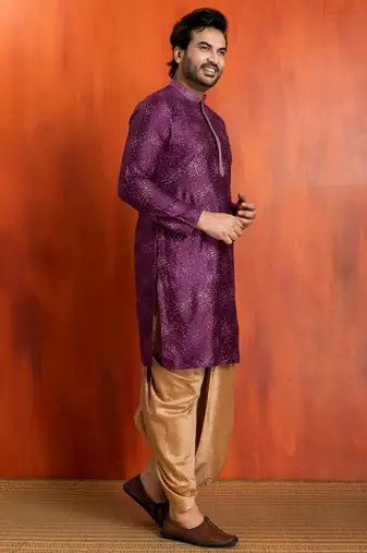purple silk blend kurta for men with printed work