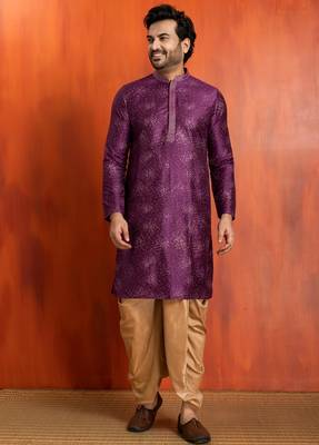 purple silk blend kurta for men with printed work 3