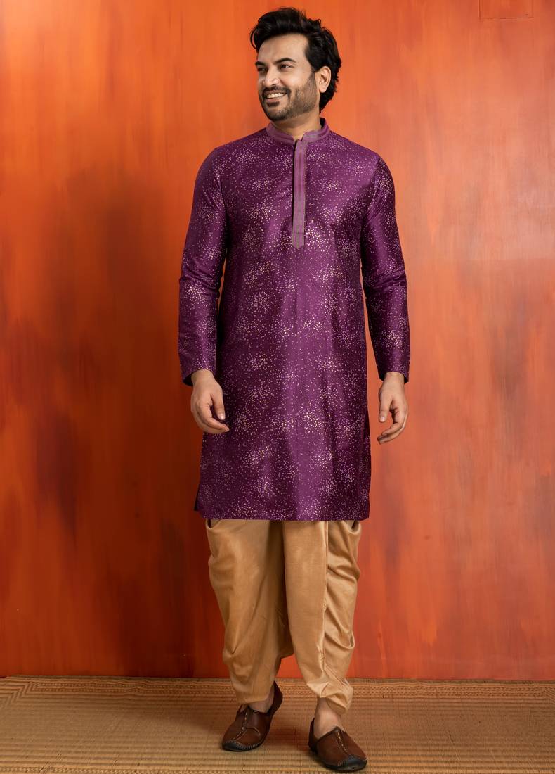 purple silk blend kurta for men with printed work