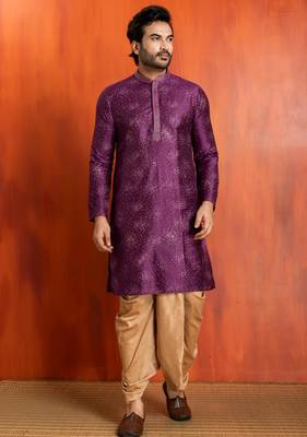 purple  silk blend kurta,dhoti set for men with printed work 1