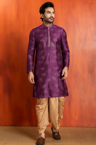purple  silk blend kurta,dhoti set for men with printed work