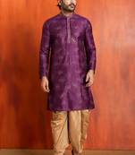purple  silk blend kurta,dhoti set for men with printed work