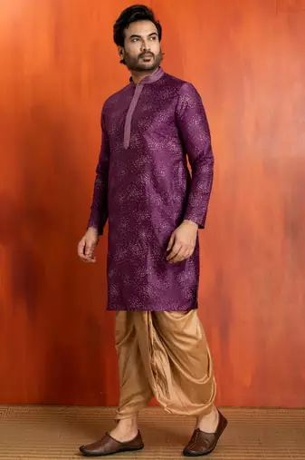 purple  silk blend kurta,dhoti set for men with printed work