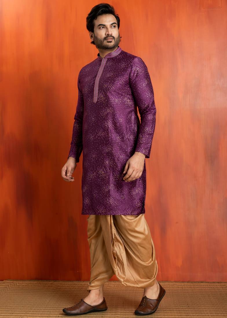 purple  silk blend kurta,dhoti set for men with printed work