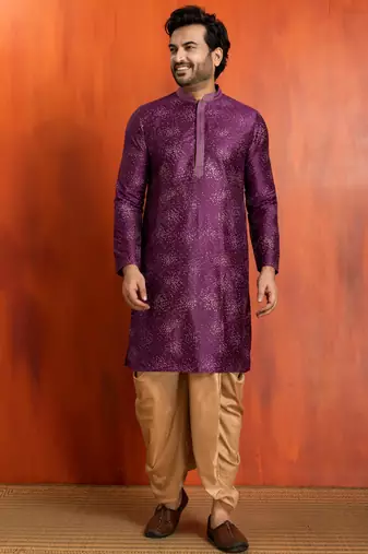 purple  silk blend kurta,dhoti set for men with printed work