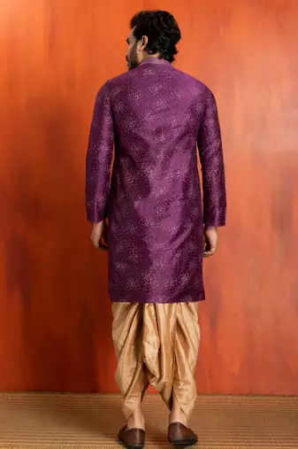purple  silk blend kurta,dhoti set for men with printed work