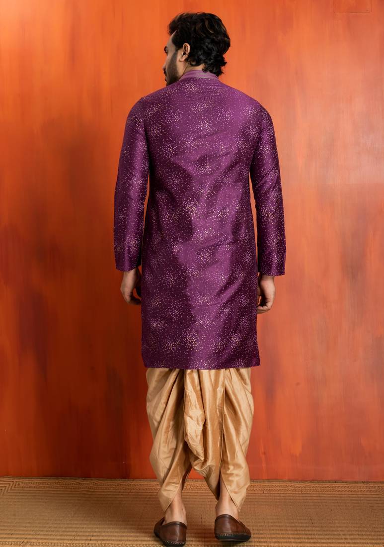 purple  silk blend kurta,dhoti set for men with printed work