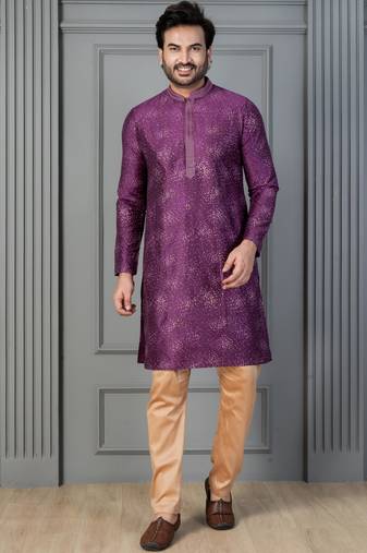 purple silk blend kurta payjama set for men with printed work