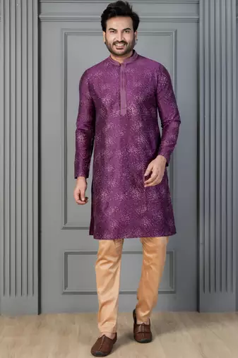 purple silk blend kurta payjama set for men with printed work