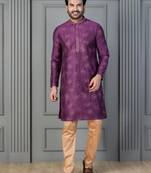 purple silk blend kurta payjama set for men with printed work