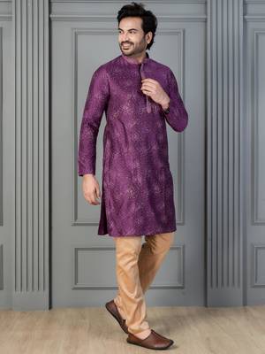purple silk blend kurta payjama set for men with printed work 2