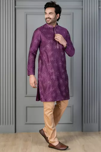 purple silk blend kurta payjama set for men with printed work