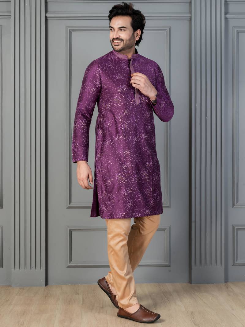 purple silk blend kurta payjama set for men with printed work