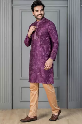 purple silk blend kurta payjama set for men with printed work