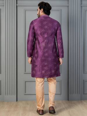 purple silk blend kurta payjama set for men with printed work 4