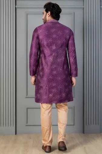 purple silk blend kurta payjama set for men with printed work