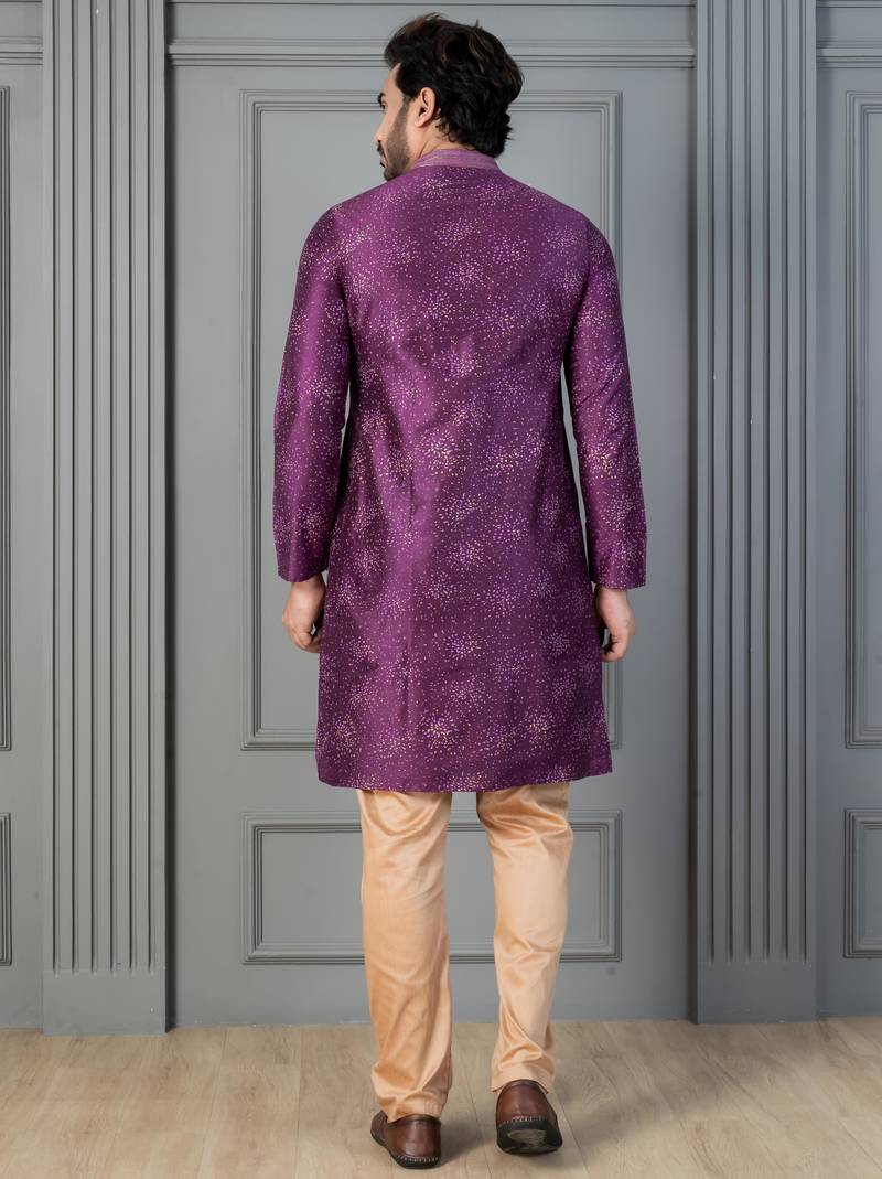 purple silk blend kurta payjama set for men with printed work