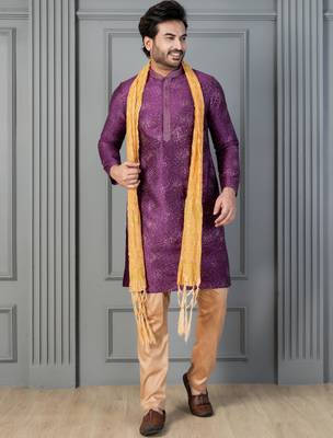 purple silk blend kurta payjama dupatta set for men with printed work 1