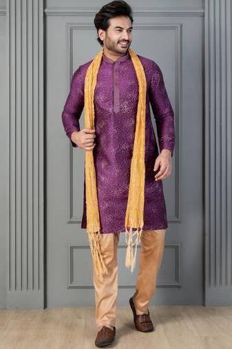purple silk blend kurta payjama dupatta set for men with printed work