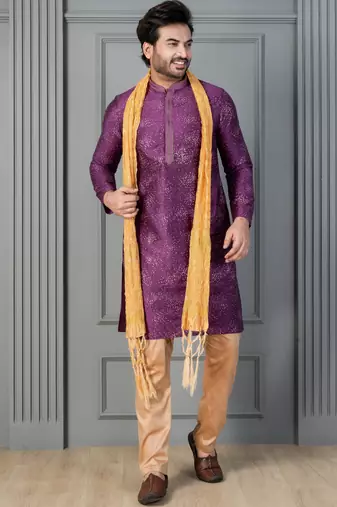 purple silk blend kurta payjama dupatta set for men with printed work