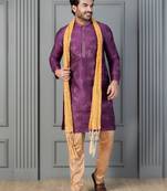 purple silk blend kurta payjama dupatta set for men with printed work