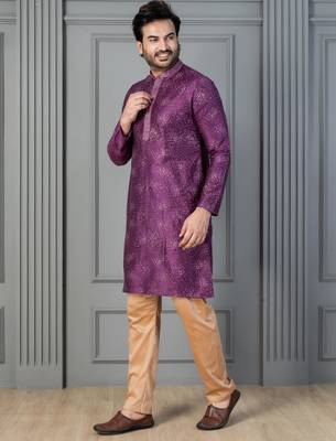 purple silk blend kurta payjama dupatta set for men with printed work 2