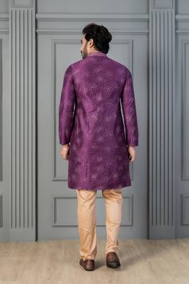 purple silk blend kurta payjama dupatta set for men with printed work 4