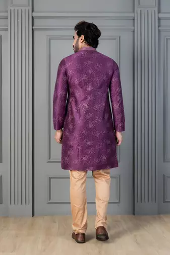 purple silk blend kurta payjama dupatta set for men with printed work