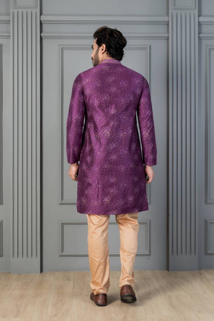 purple silk blend kurta payjama dupatta set for men with printed work