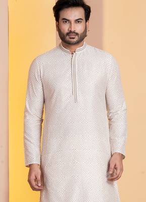 white  silk blend kurta for men with printed work 1
