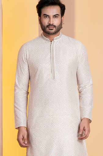 white  silk blend kurta for men with printed work