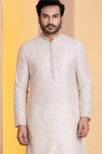 white  silk blend kurta for men with printed work