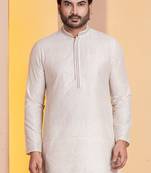 white  silk blend kurta for men with printed work