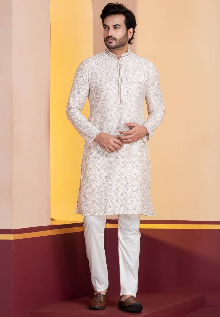 white  silk blend kurta for men with printed work